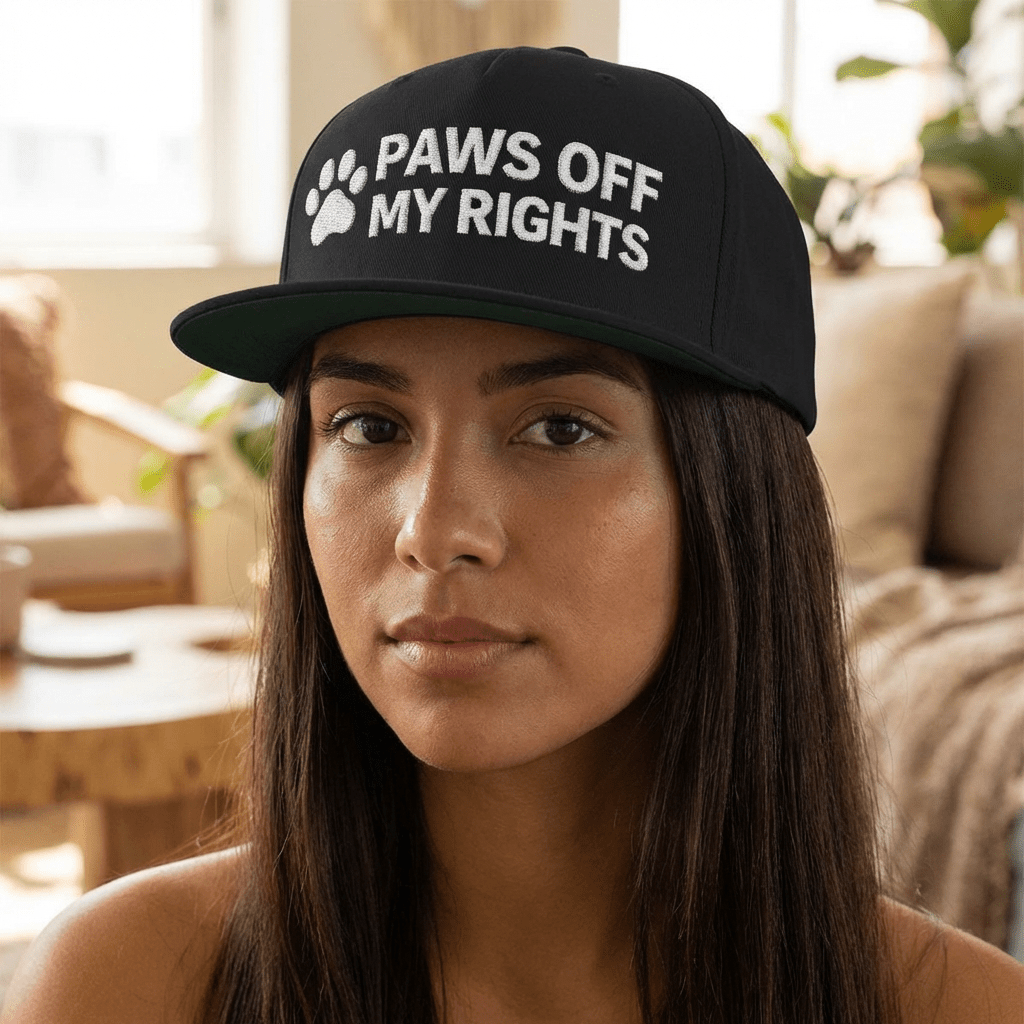 Paws Off My Rights Flat Bill Cap — Embroidered Dog Paw Freedom Hat - FloofChonk