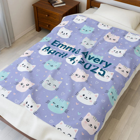 Personalized Cat Velveteen Blanket, Cozy Baby Shower Gift, Nursery Decor, Cat Lover's Plush Throw, Custom Cat Pattern Bedding - FloofChonk