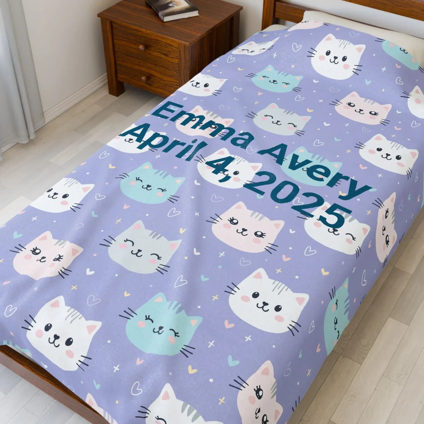 Personalized Cat Velveteen Blanket, Cozy Baby Shower Gift, Nursery Decor, Cat Lover's Plush Throw, Custom Cat Pattern Bedding - FloofChonk