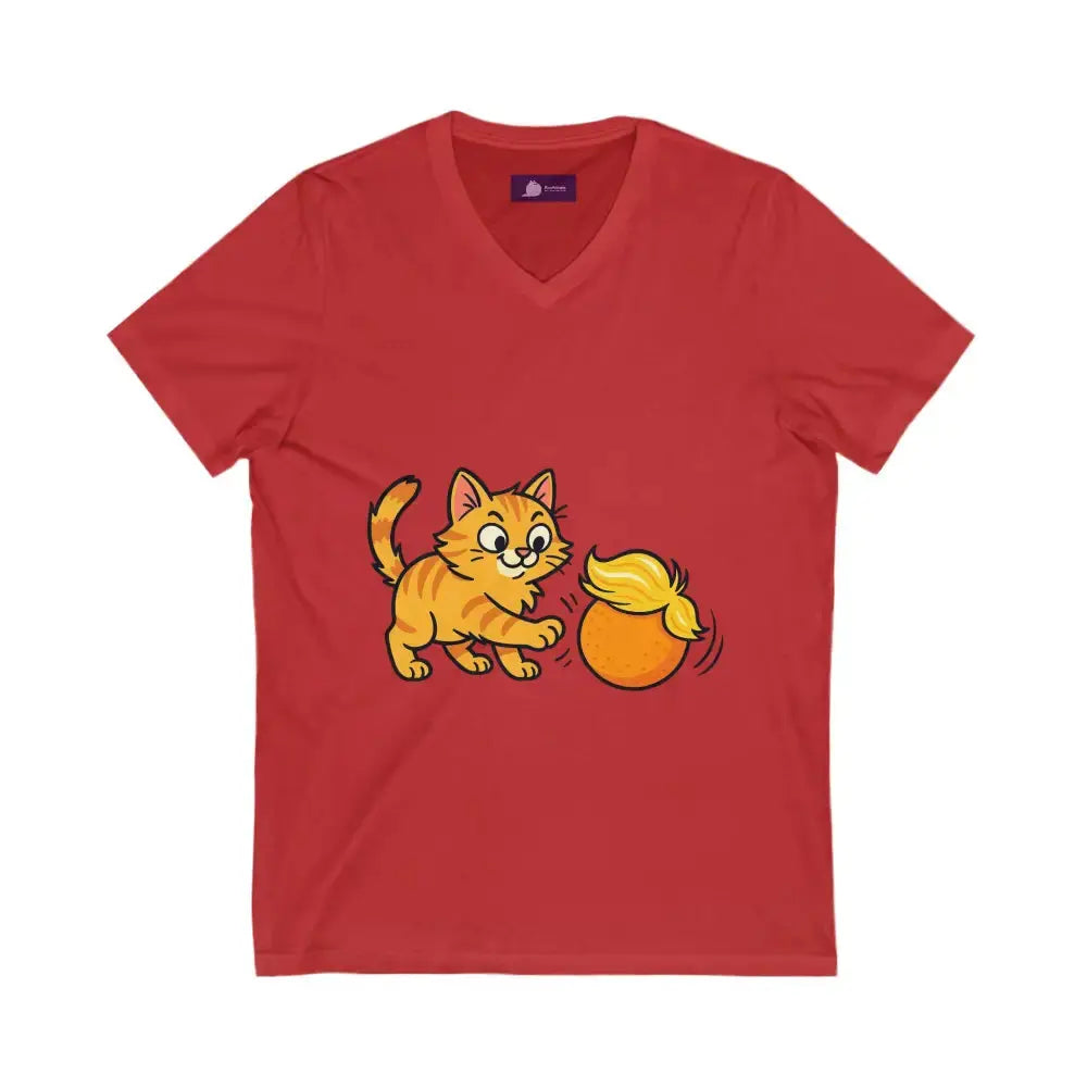 Playful Cat V-Neck Tee - Red / S - V-neck