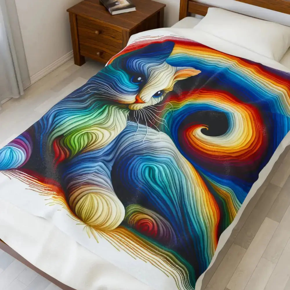 Rainbow Cat Velveteen Plush Blanket | Cozy Gift for Cat Lovers, Home Decor, Colorful Throws, Pet Blanket, Soft Comforter - FloofChonk