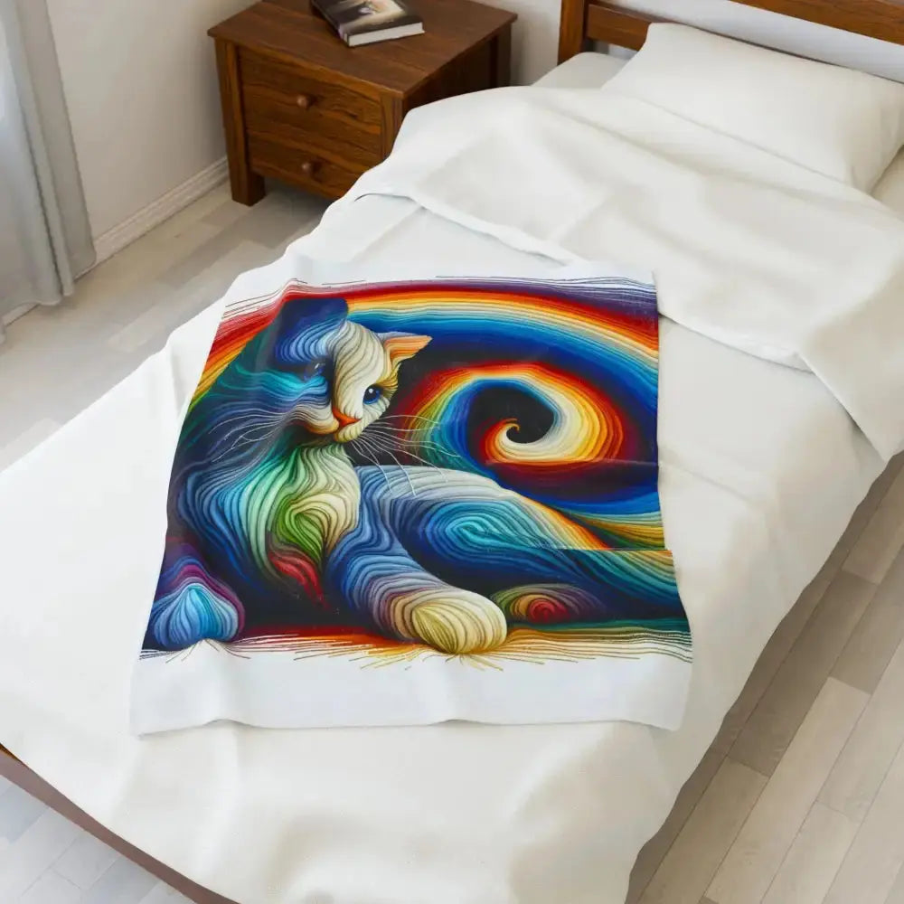 Rainbow Cat Velveteen Plush Blanket | Cozy Gift for Cat Lovers, Home Decor, Colorful Throws, Pet Blanket, Soft Comforter - FloofChonk