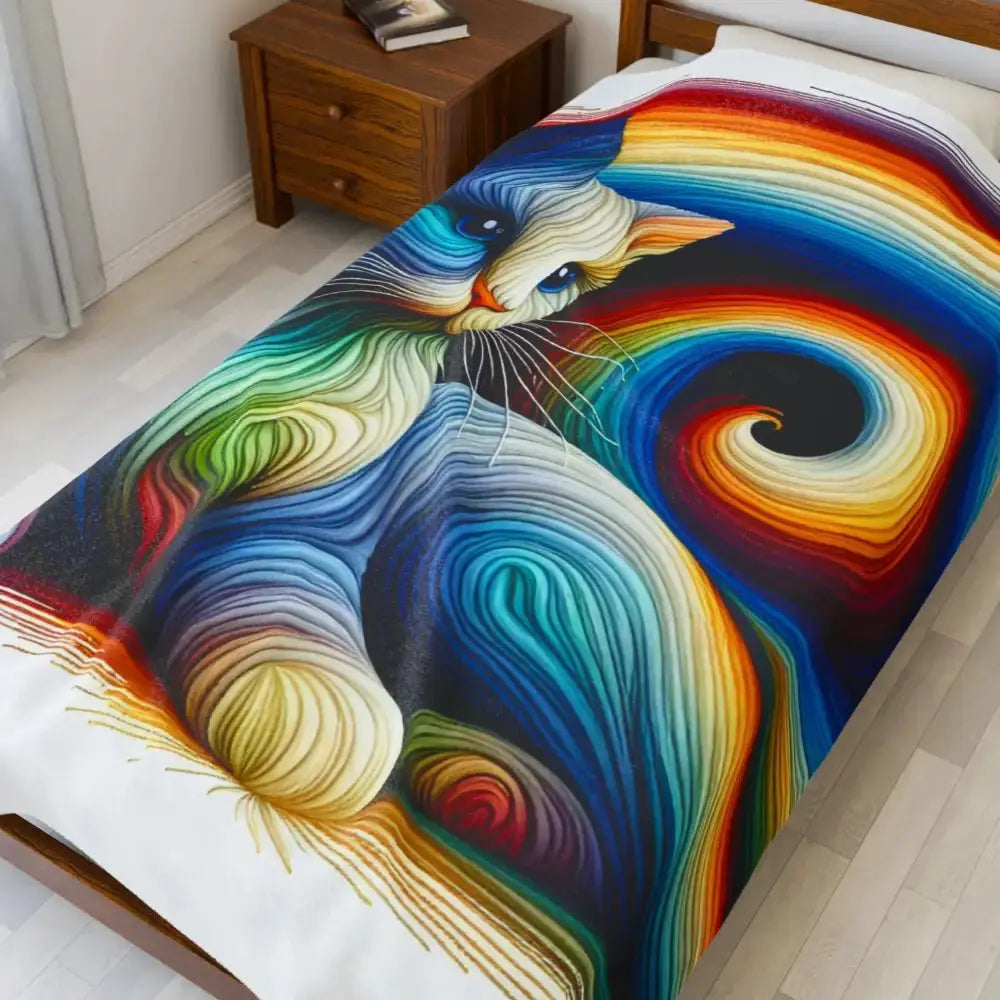 Rainbow Cat Velveteen Plush Blanket | Cozy Gift for Cat Lovers, Home Decor, Colorful Throws, Pet Blanket, Soft Comforter - FloofChonk