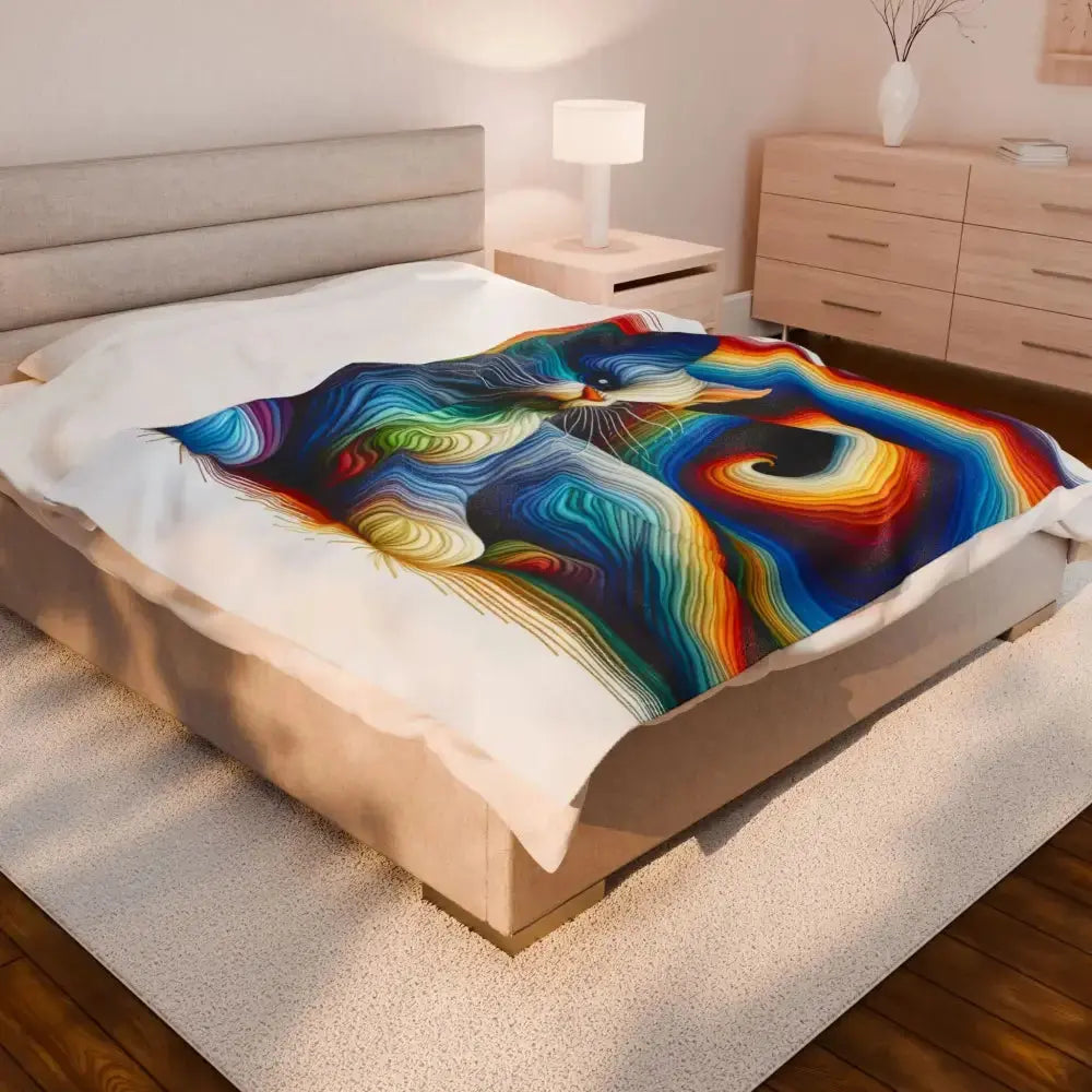 Rainbow Cat Velveteen Plush Blanket | Cozy Gift for Cat Lovers, Home Decor, Colorful Throws, Pet Blanket, Soft Comforter - FloofChonk