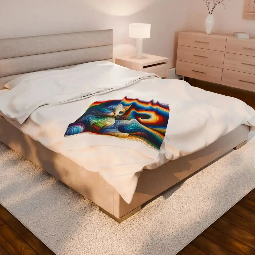 Rainbow Cat Velveteen Plush Blanket | Cozy Gift for Cat Lovers, Home Decor, Colorful Throws, Pet Blanket, Soft Comforter - FloofChonk