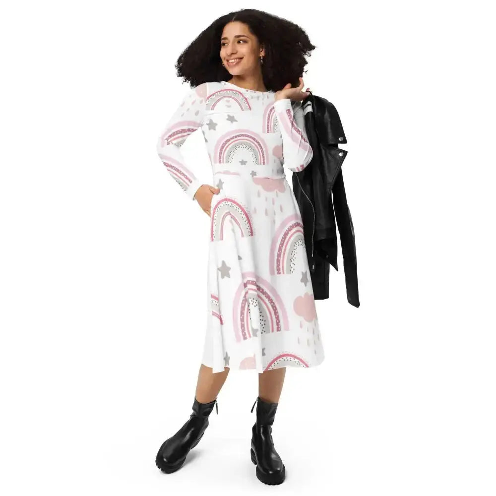 Rainbow Discovery All - over print long sleeve midi dress - FloofChonk