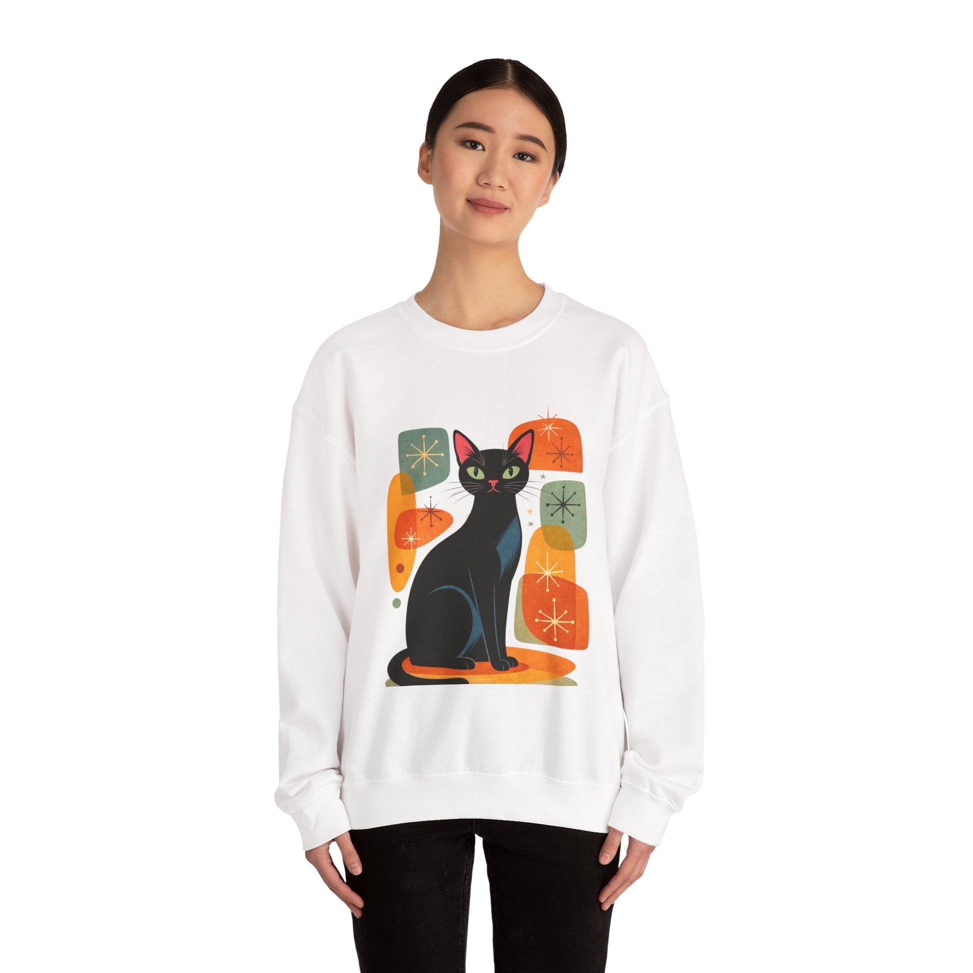 Retro Black Cat Crewneck Sweatshirt — Vintage Cat Graphic - FloofChonk