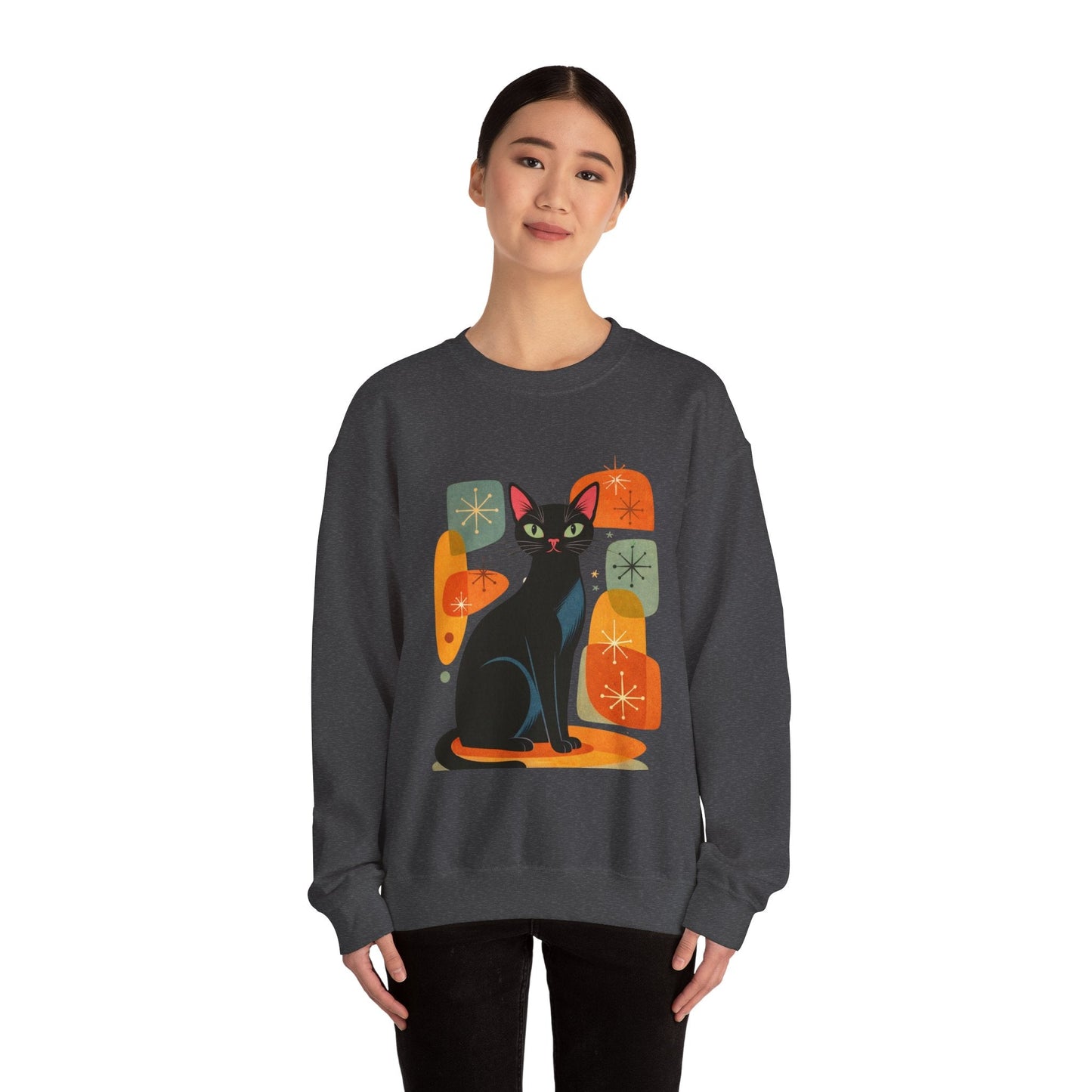Retro Black Cat Crewneck Sweatshirt — Vintage Cat Graphic - FloofChonk