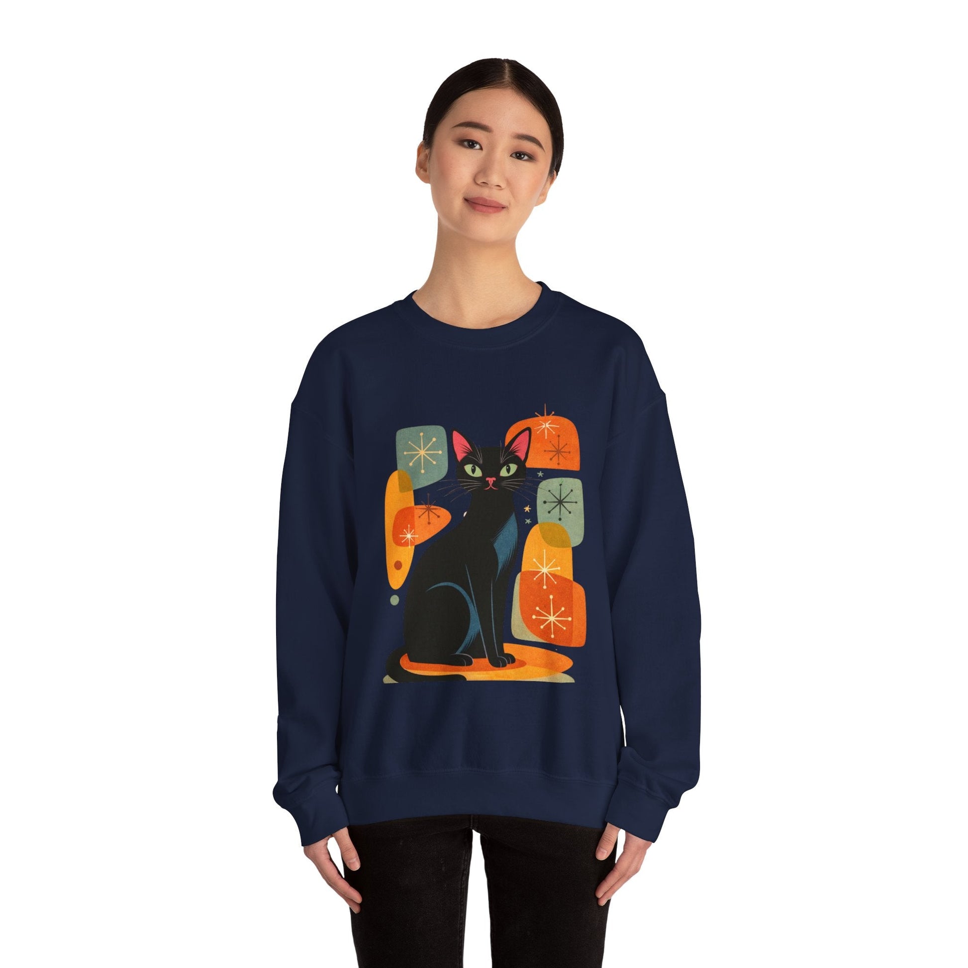 Retro Black Cat Crewneck Sweatshirt — Vintage Cat Graphic - FloofChonk