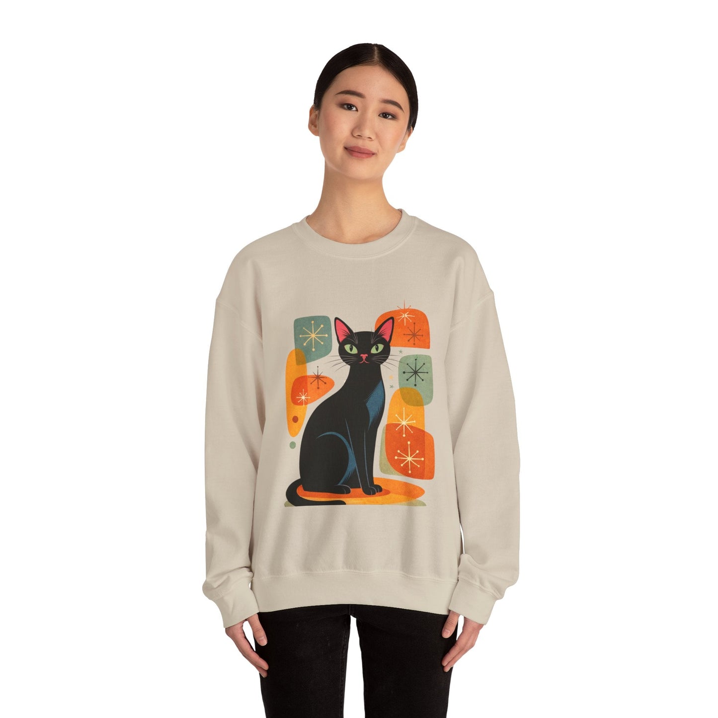 Retro Black Cat Crewneck Sweatshirt — Vintage Cat Graphic - FloofChonk