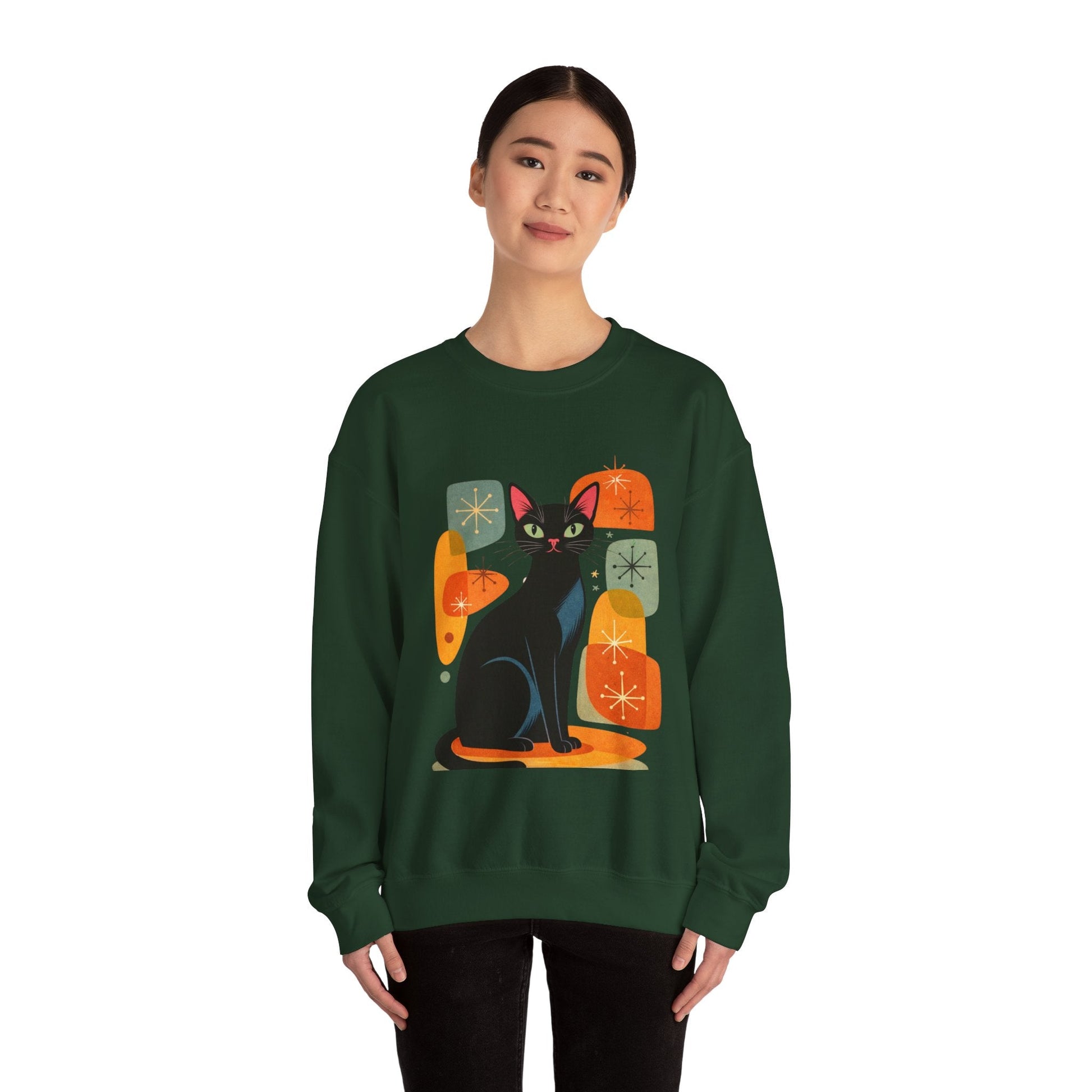Retro Black Cat Crewneck Sweatshirt — Vintage Cat Graphic - FloofChonk