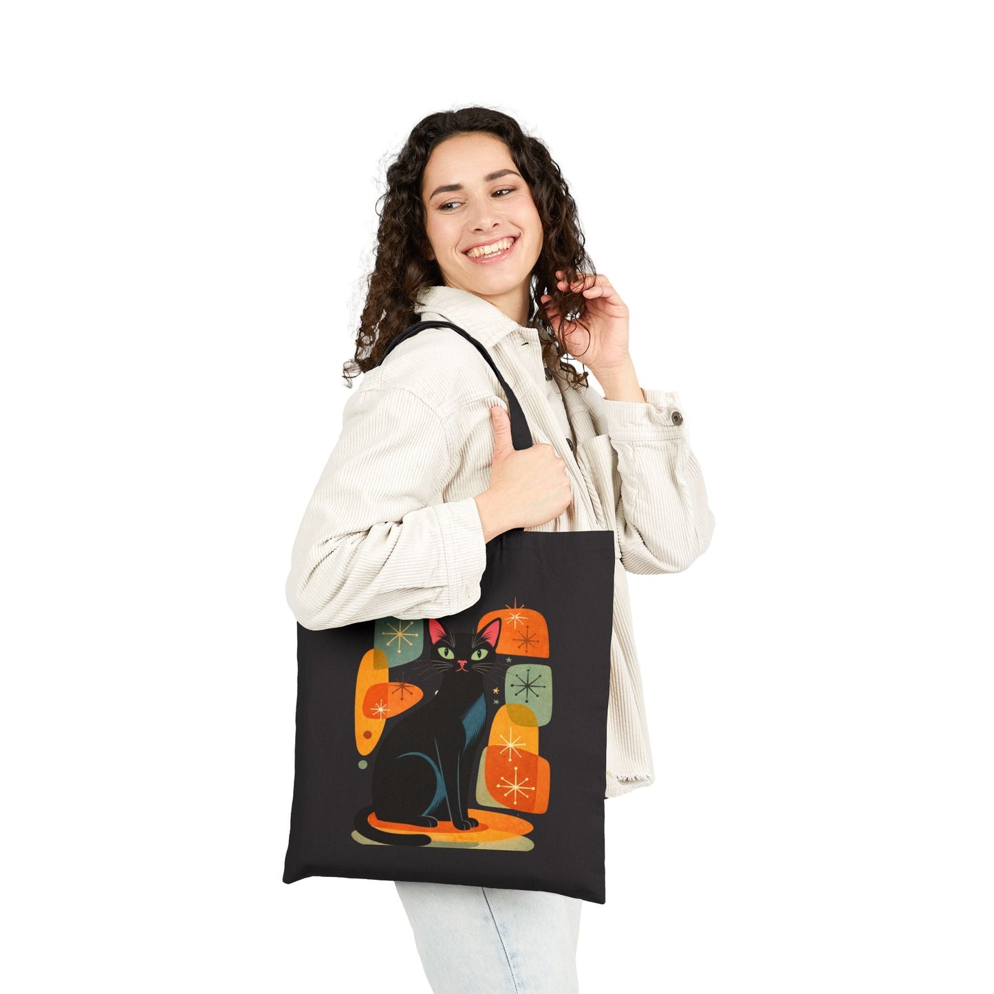 Retro Black Cat Graphic Canvas Tote Bag - FloofChonk