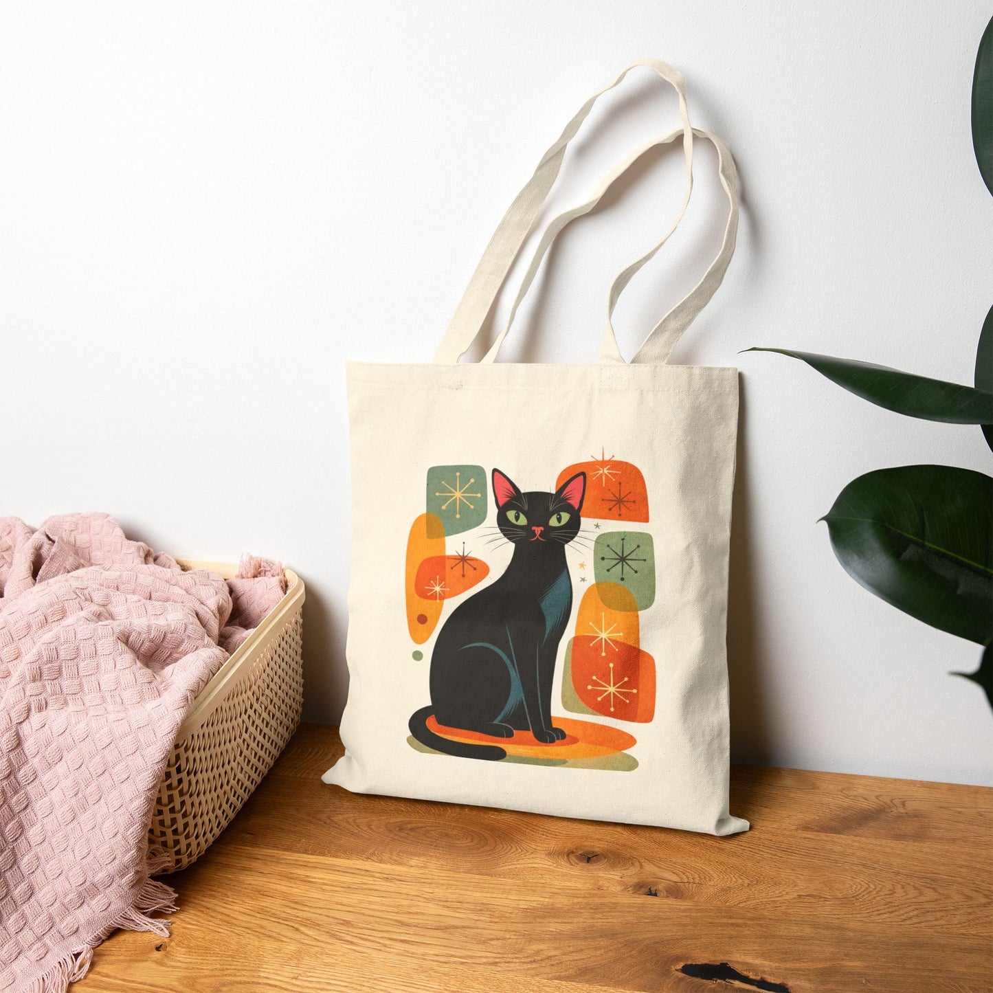 Retro Black Cat Graphic Canvas Tote Bag - FloofChonk