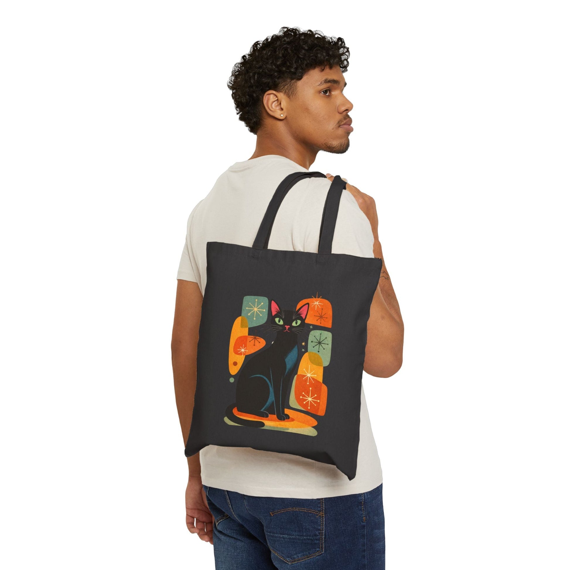 Retro Black Cat Graphic Canvas Tote Bag - FloofChonk