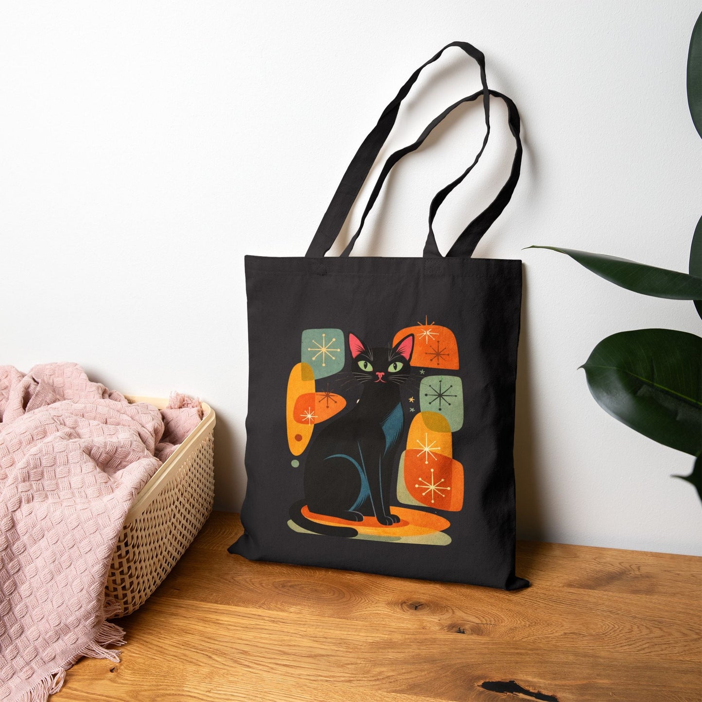 Retro Black Cat Graphic Canvas Tote Bag - FloofChonk