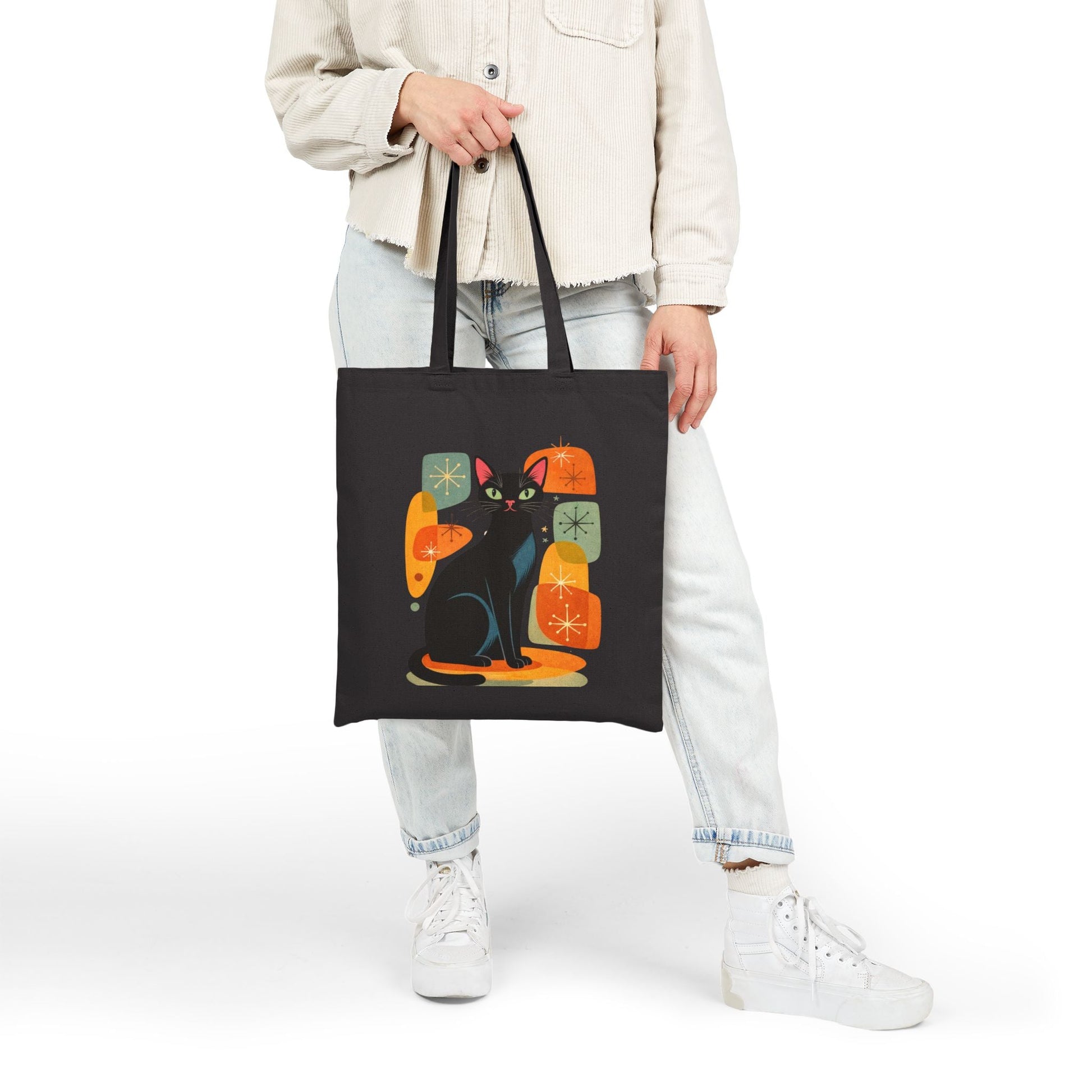 Retro Black Cat Graphic Canvas Tote Bag - FloofChonk