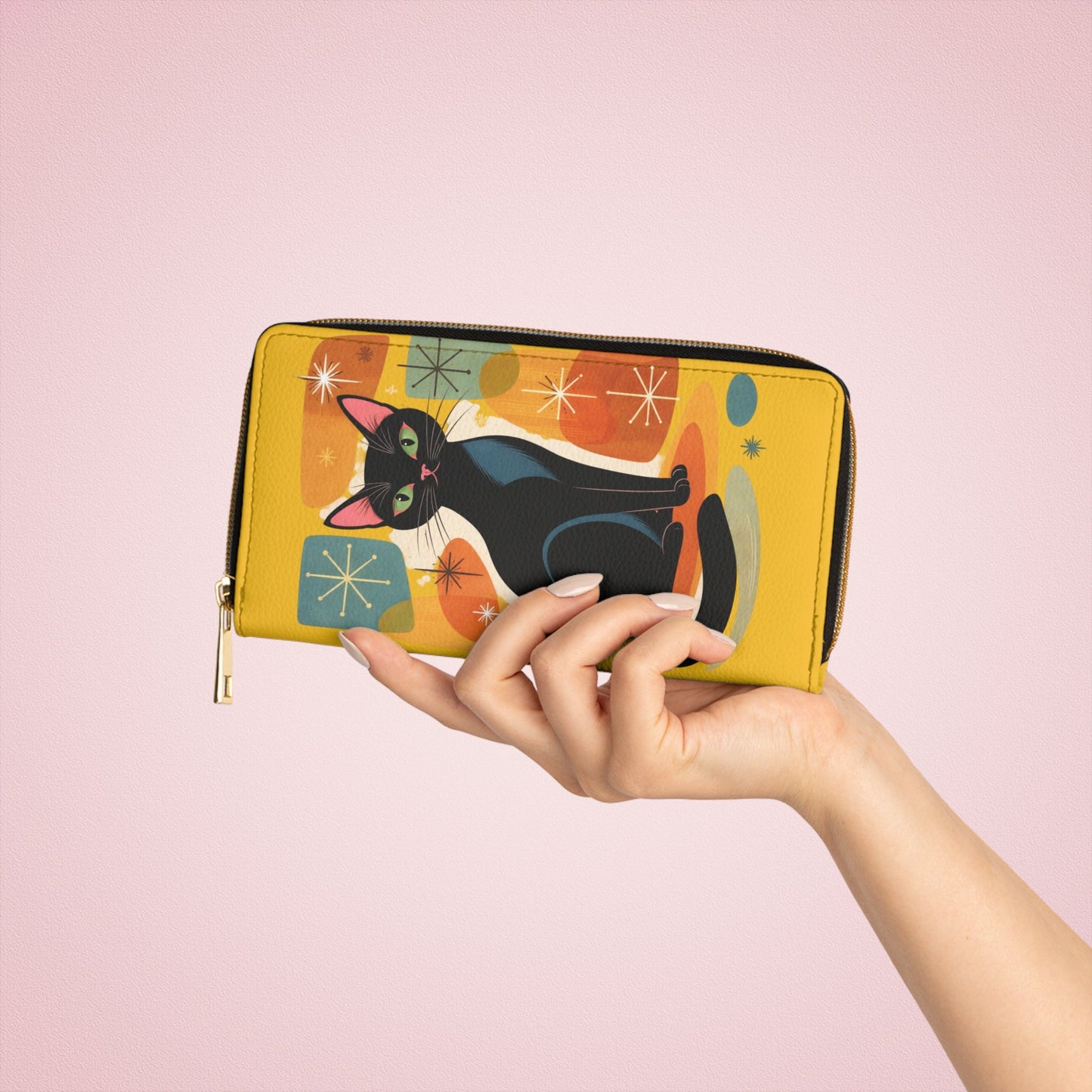 Retro Black Cat Zipper Wallet — Mid - Century Modern Cat Wallet - FloofChonk