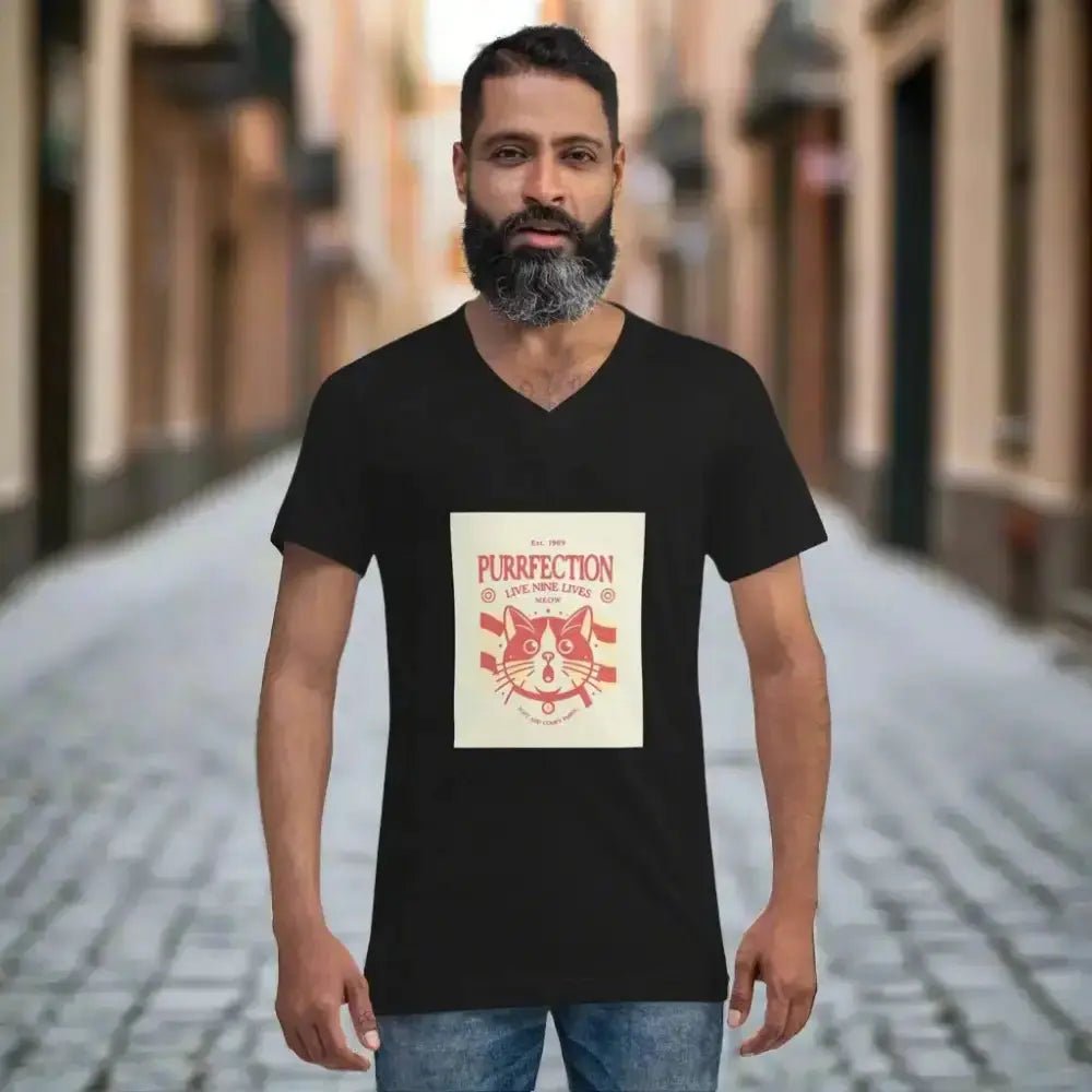 Retro Cat Graphic Short Sleeve V - Neck T-Shirt - FloofChonk