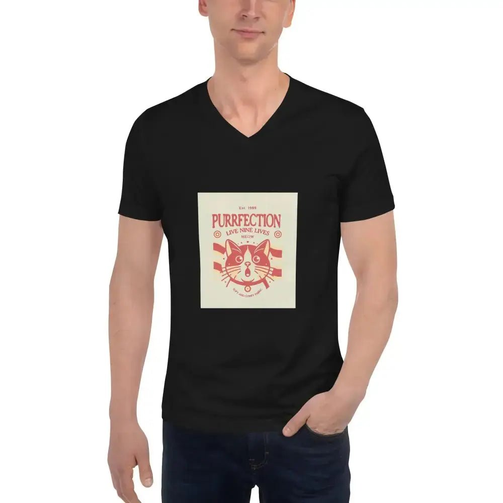 Retro Cat Graphic Short Sleeve V - Neck T-Shirt - FloofChonk