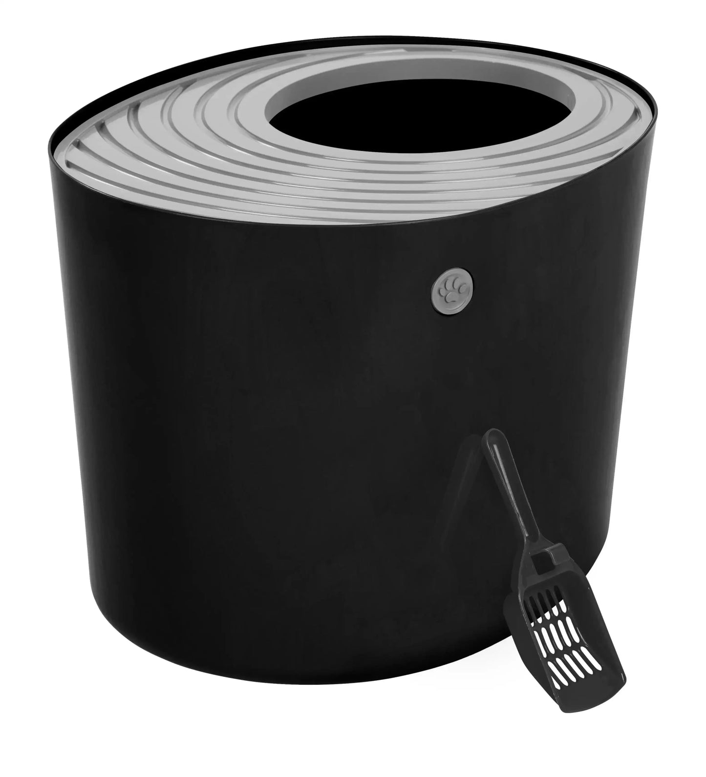 Round Top Entry Cat Litter Box Litter Particle Catching Cover and Privacy Walls with Scoop, Dark Gray/White - FloofChonk