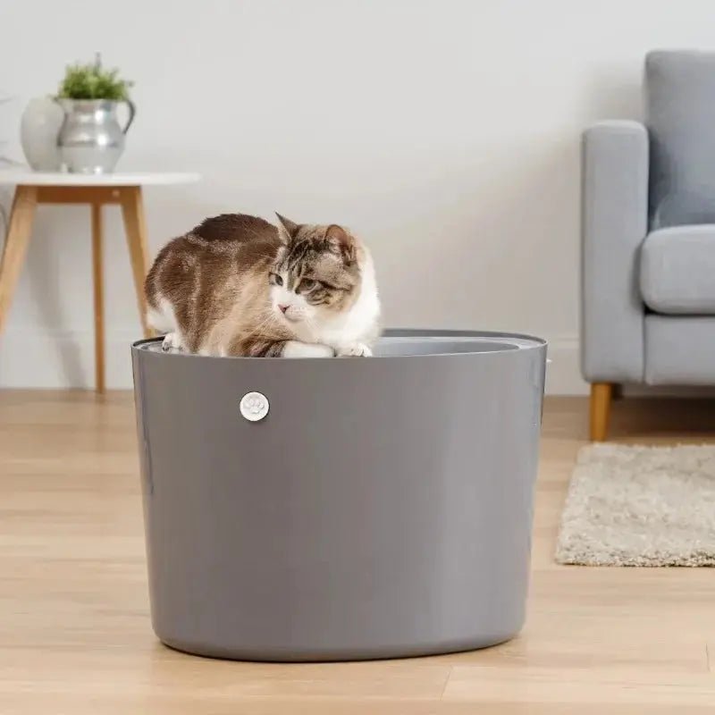 Round Top Entry Cat Litter Box Litter Particle Catching Cover and Privacy Walls with Scoop, Dark Gray/White - FloofChonk