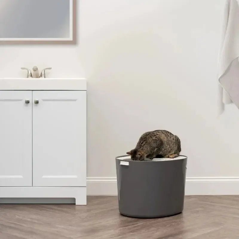Round Top Entry Cat Litter Box Litter Particle Catching Cover and Privacy Walls with Scoop, Dark Gray/White - FloofChonk