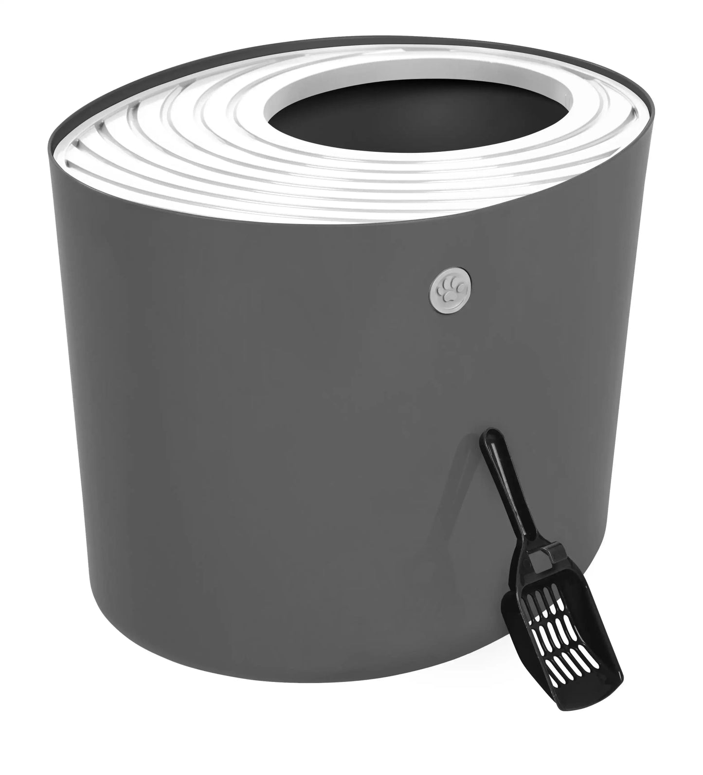 Round Top Entry Cat Litter Box Litter Particle Catching Cover and Privacy Walls with Scoop, Dark Gray/White - FloofChonk
