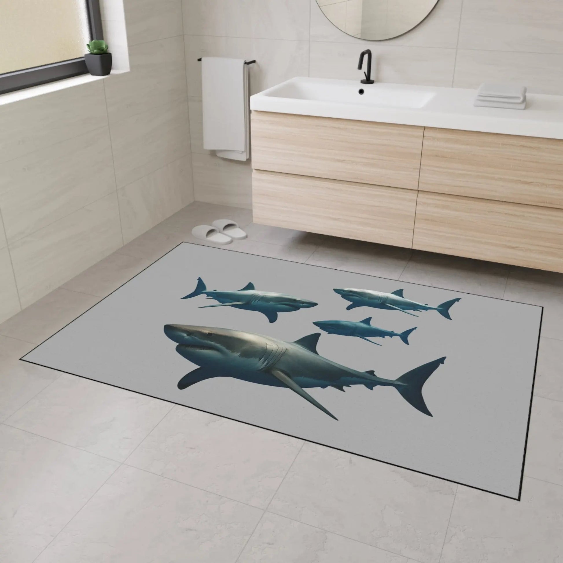 Shark School Heavy - Duty Floor Mat — Durable Ocean Shark Rug for Entryway, Garage, or Bathroom - FloofChonk