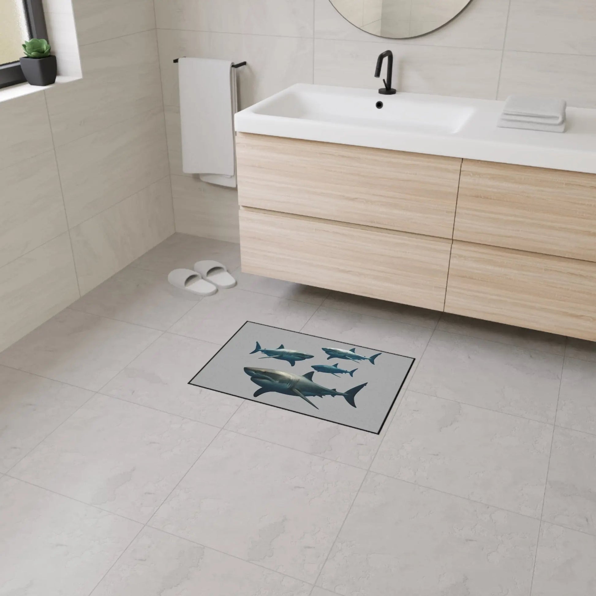 Shark School Heavy - Duty Floor Mat — Durable Ocean Shark Rug for Entryway, Garage, or Bathroom - FloofChonk