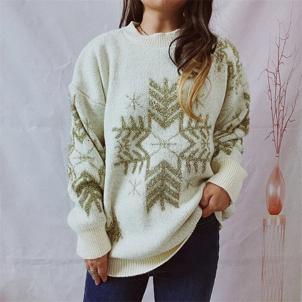 Snowflake Pattern Long Sleeve Sweater - FloofChonk
