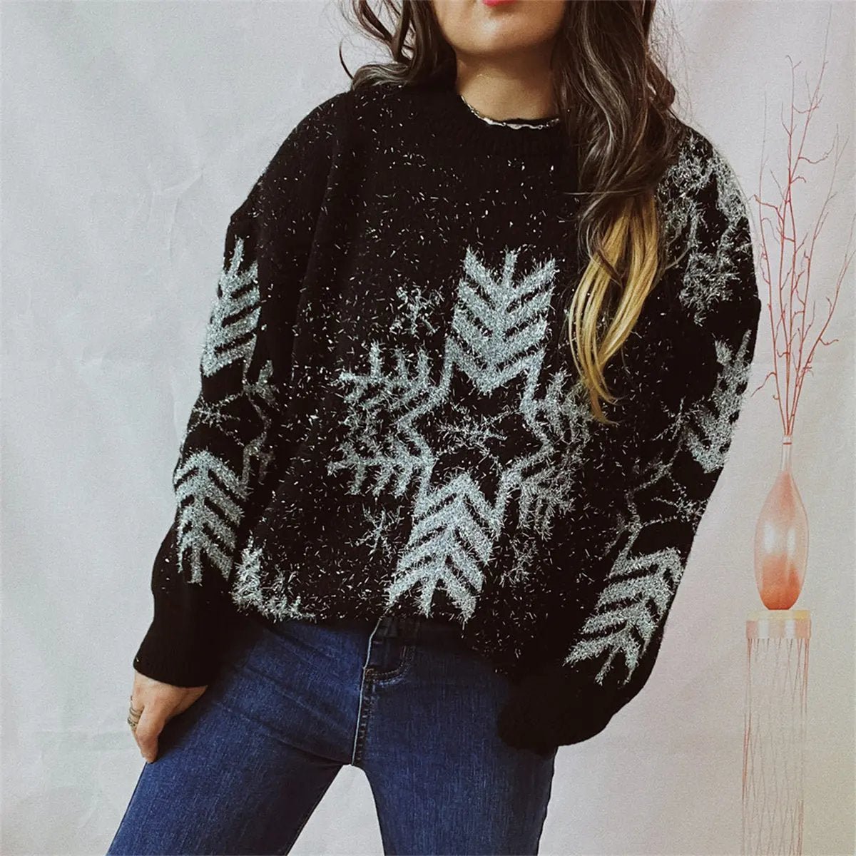 Snowflake Pattern Long Sleeve Sweater - FloofChonk