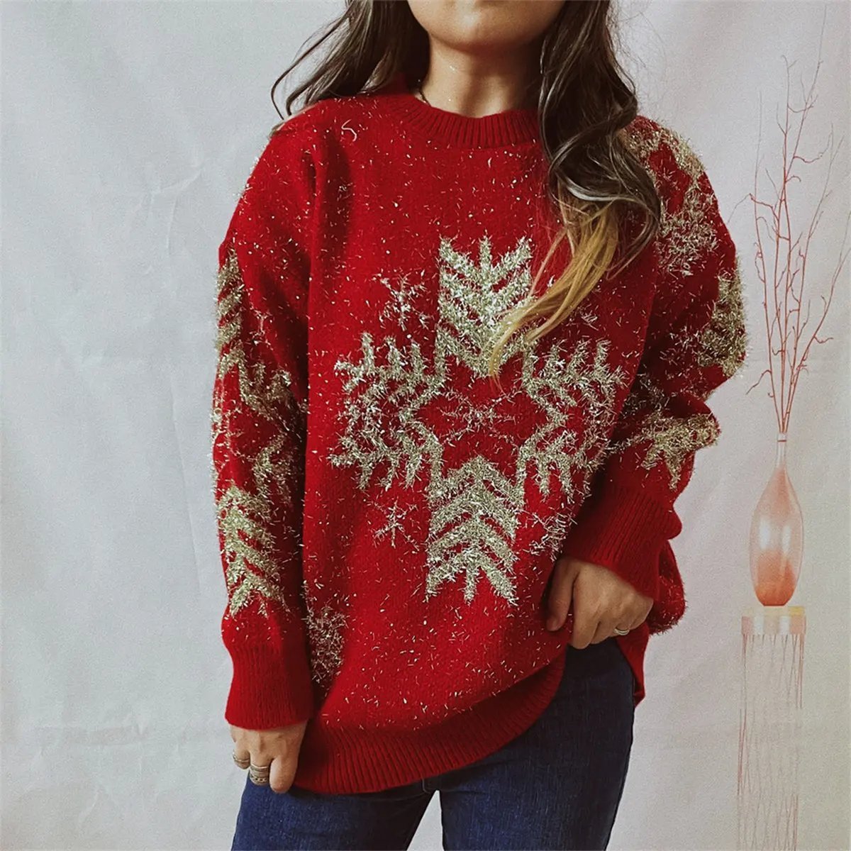 Snowflake Pattern Long Sleeve Sweater - FloofChonk