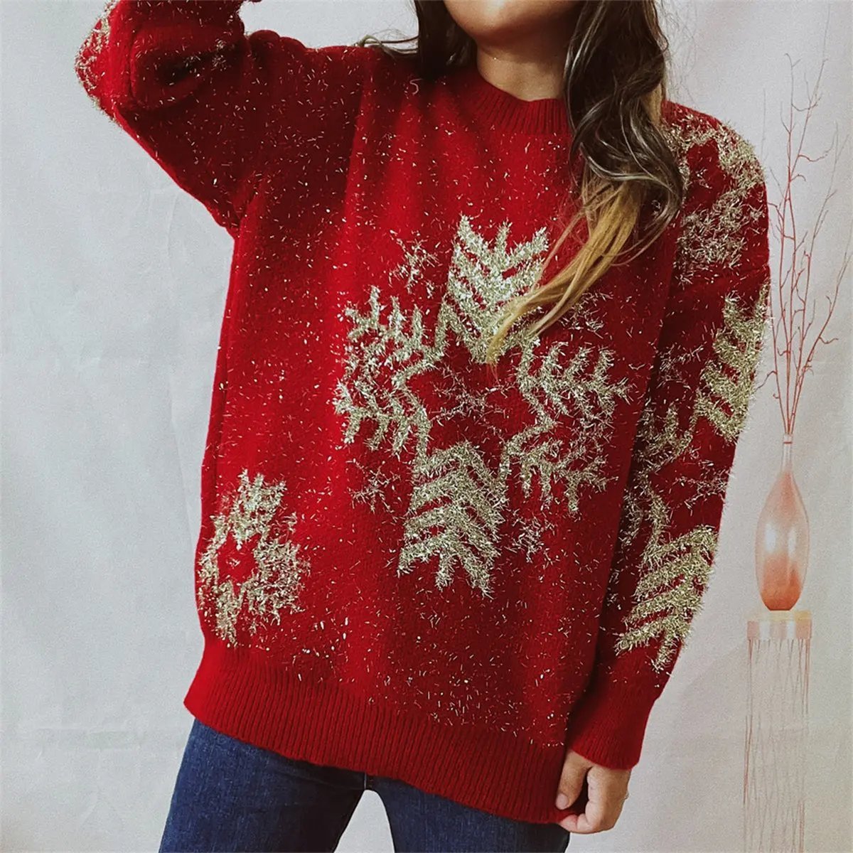 Snowflake Pattern Long Sleeve Sweater - FloofChonk