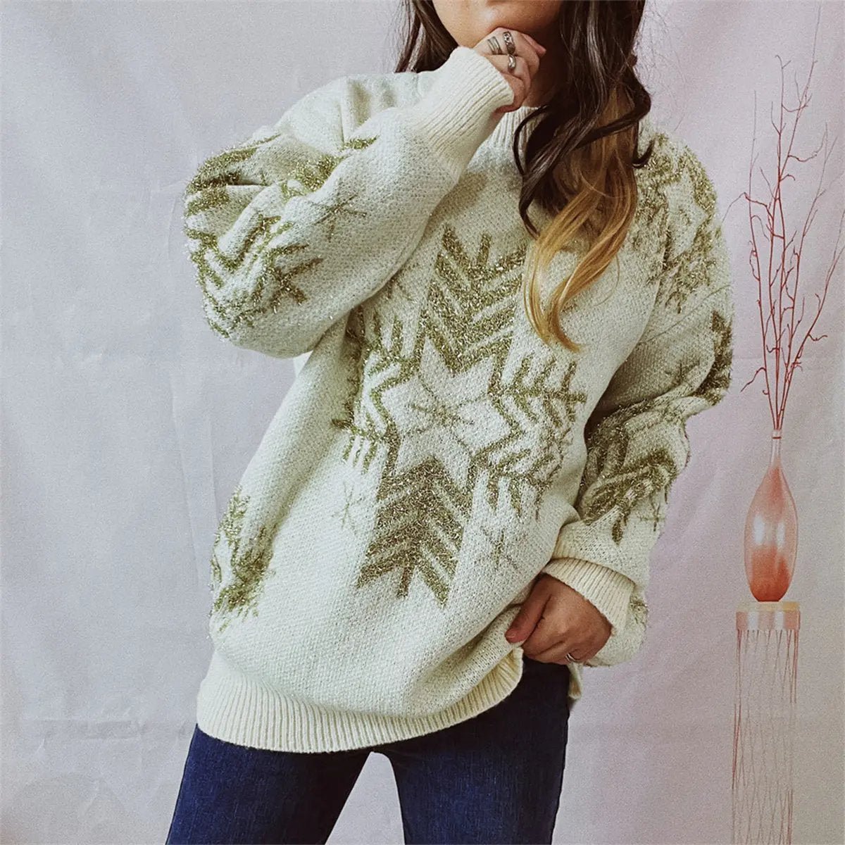 Snowflake Pattern Long Sleeve Sweater - FloofChonk