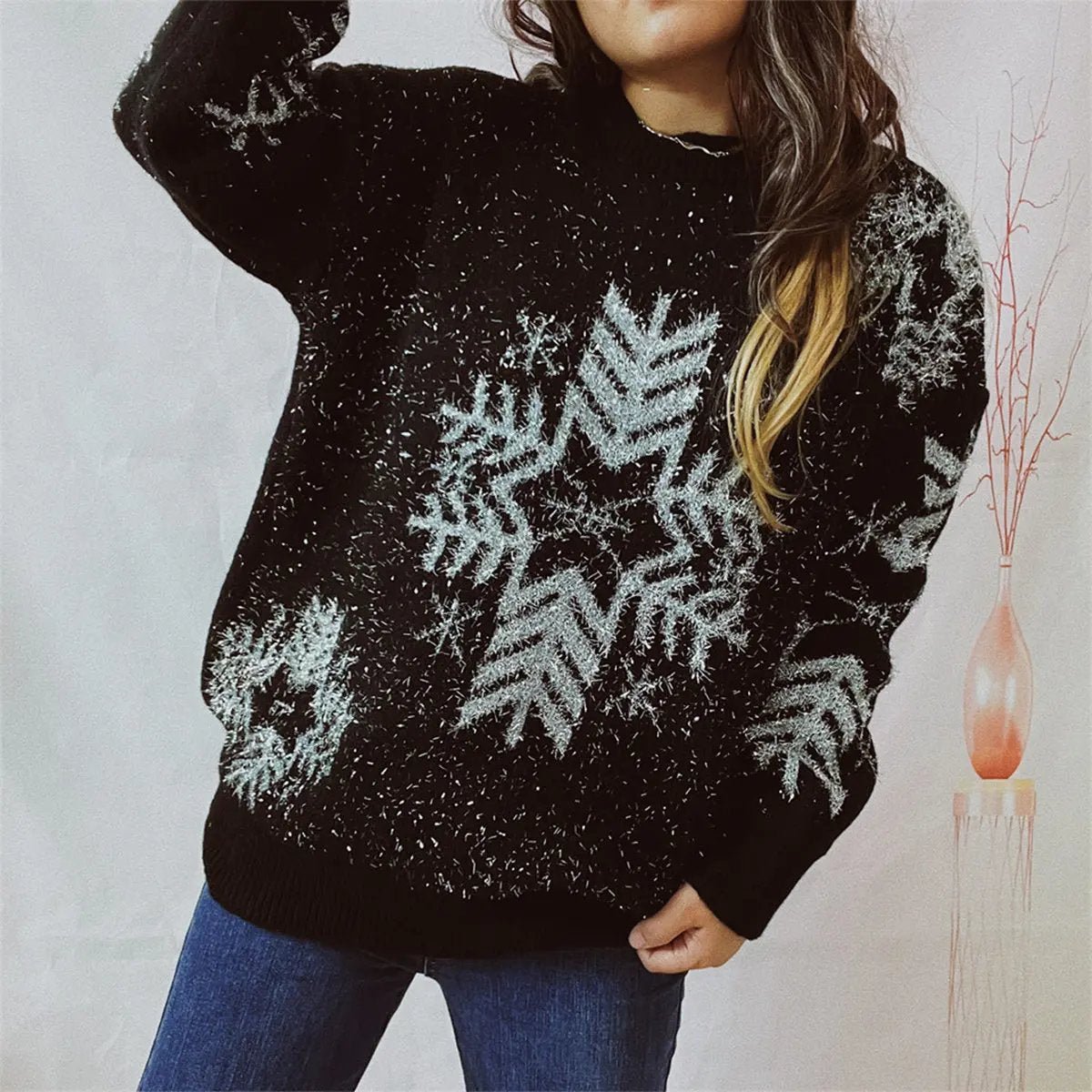 Snowflake Pattern Long Sleeve Sweater - FloofChonk