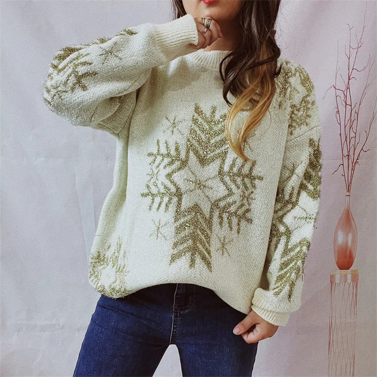 Snowflake Pattern Long Sleeve Sweater - FloofChonk