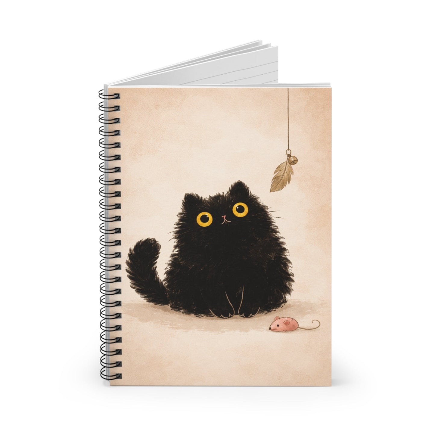 Spiral Notebook — Cute Fluffy Black Cat with Toy (Ruled) - FloofChonk