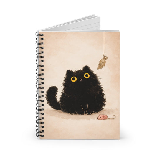 Spiral Notebook — Cute Fluffy Black Cat with Toy (Ruled) - FloofChonk