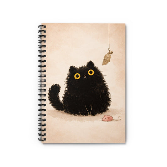 Spiral Notebook — Cute Fluffy Black Cat with Toy (Ruled) - FloofChonk