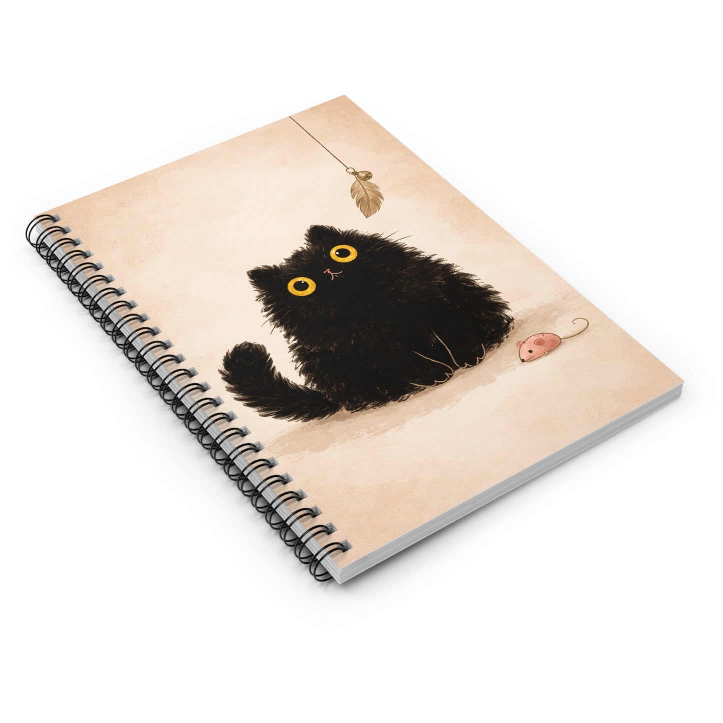 Spiral Notebook — Cute Fluffy Black Cat with Toy (Ruled) - FloofChonk