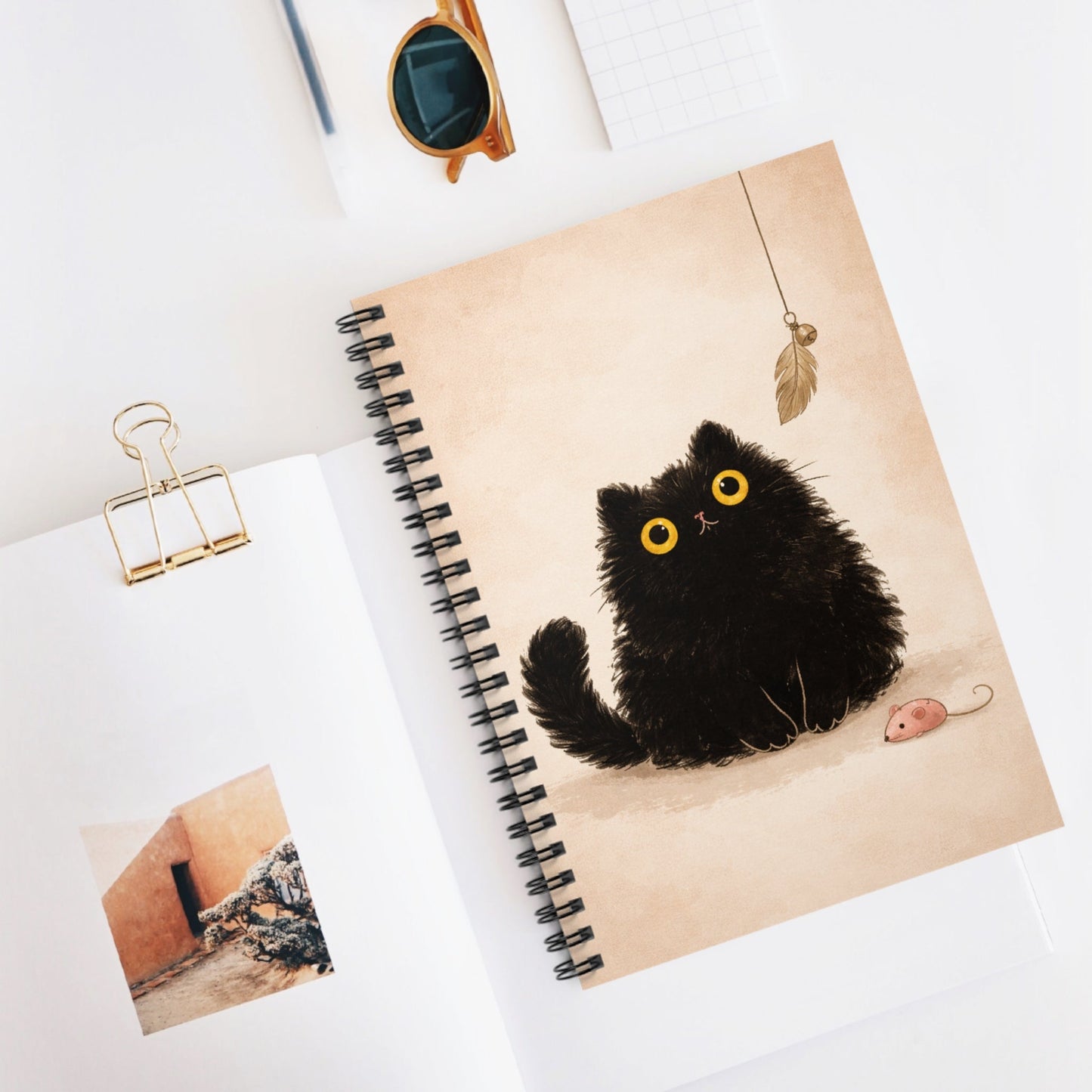 Spiral Notebook — Cute Fluffy Black Cat with Toy (Ruled) - FloofChonk