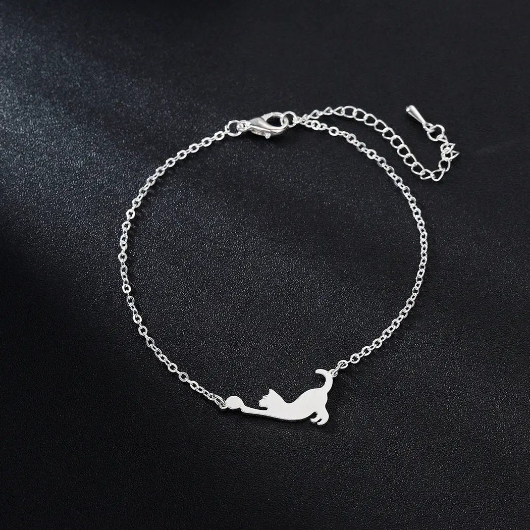 Stainless Steel Cat Play Pendant Women's Bracelet - FloofChonk