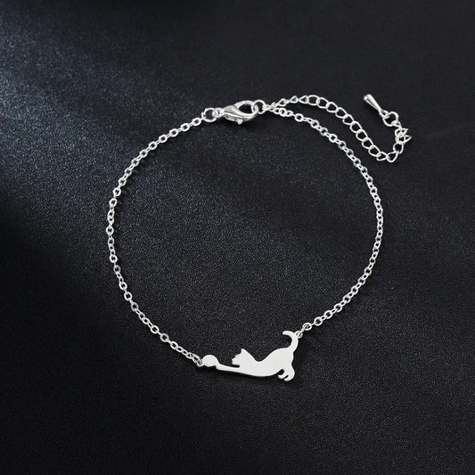 Stainless Steel Cat Play Pendant Women's Bracelet - FloofChonk