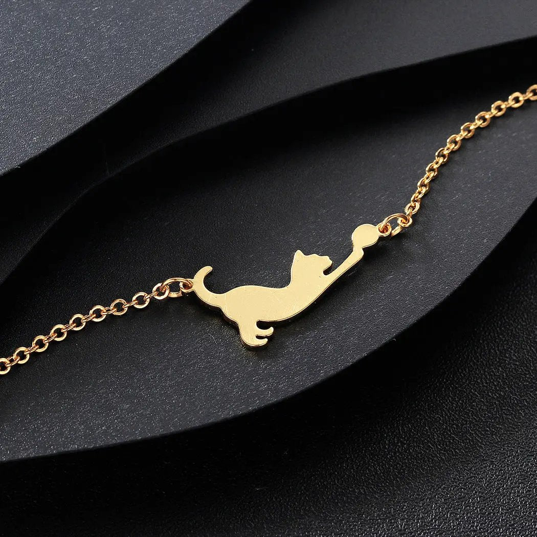 Stainless Steel Cat Play Pendant Women's Bracelet - FloofChonk