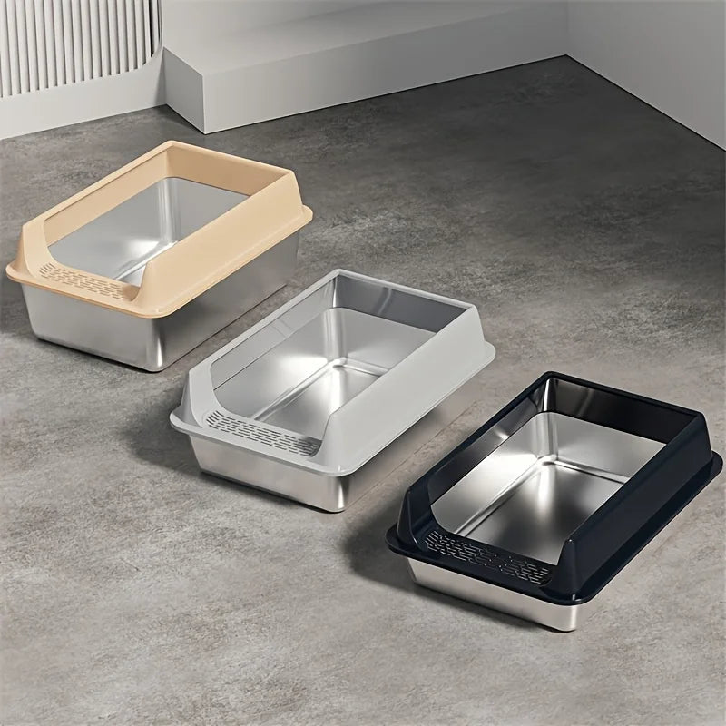 Stainless Steel Litter Box, Semi-enclosed Splash-proof And Leak-proof Design, Removable Lid, Suitable For Big Cats, And More - FloofChonk