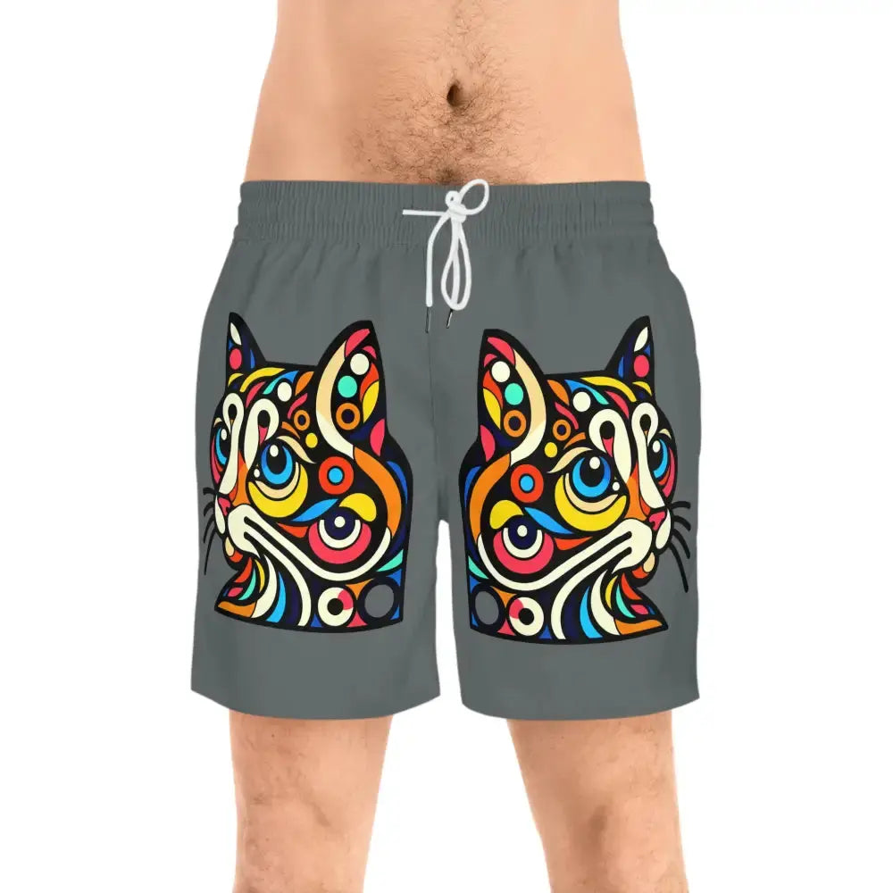 Swim Shorts - Pop Art Cat Print for Men - S / White drawstring - Swim Trunks