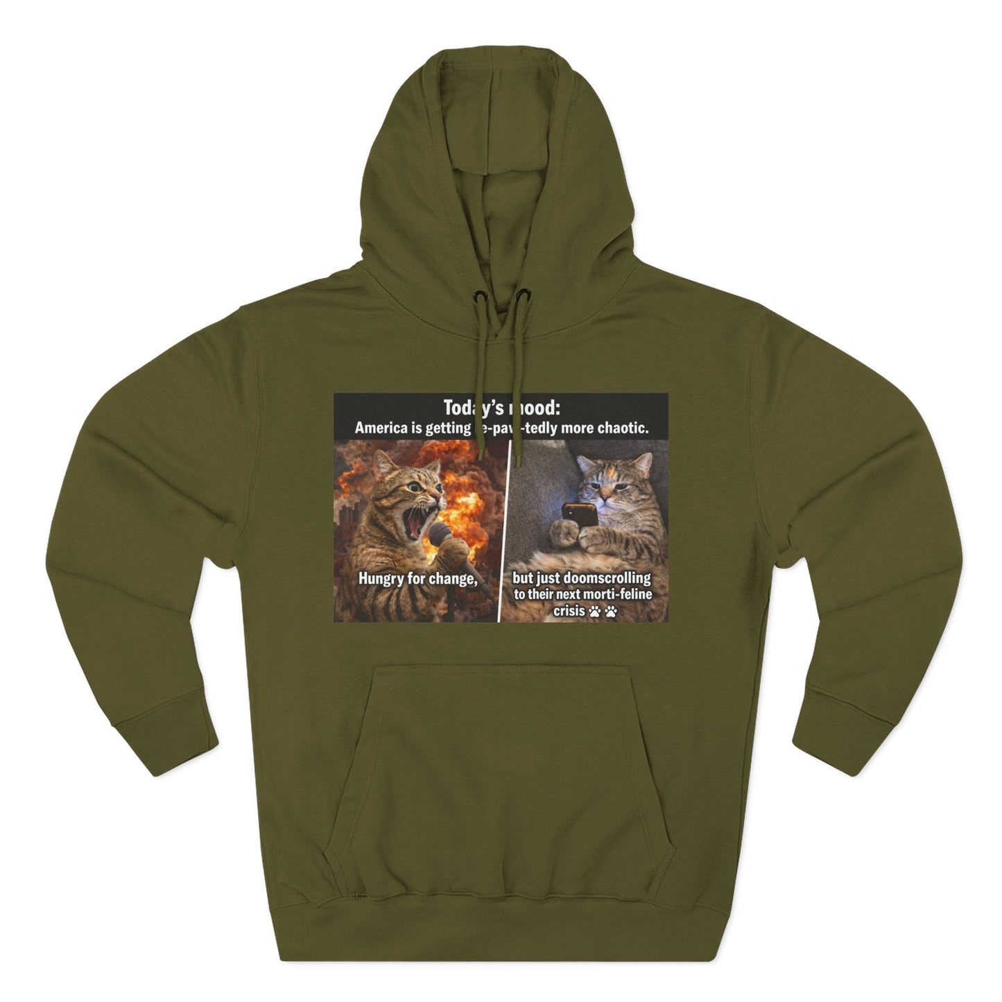 Three - Panel Cat Meme Hoodie — 'Today’s Mood' Feline Chaos Graphic Sweatshirt - FloofChonk