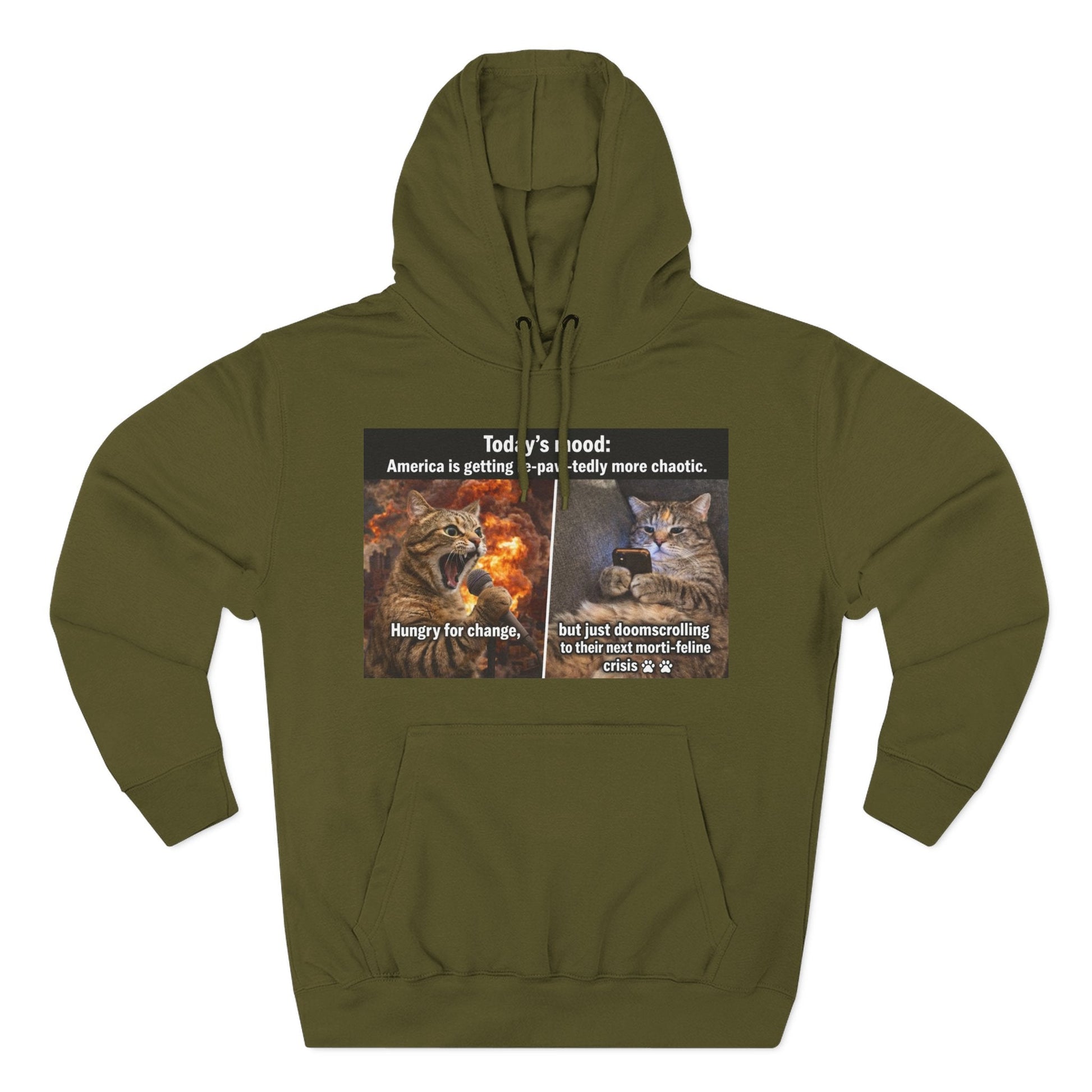 Three - Panel Cat Meme Hoodie — 'Today’s Mood' Feline Chaos Graphic Sweatshirt - FloofChonk