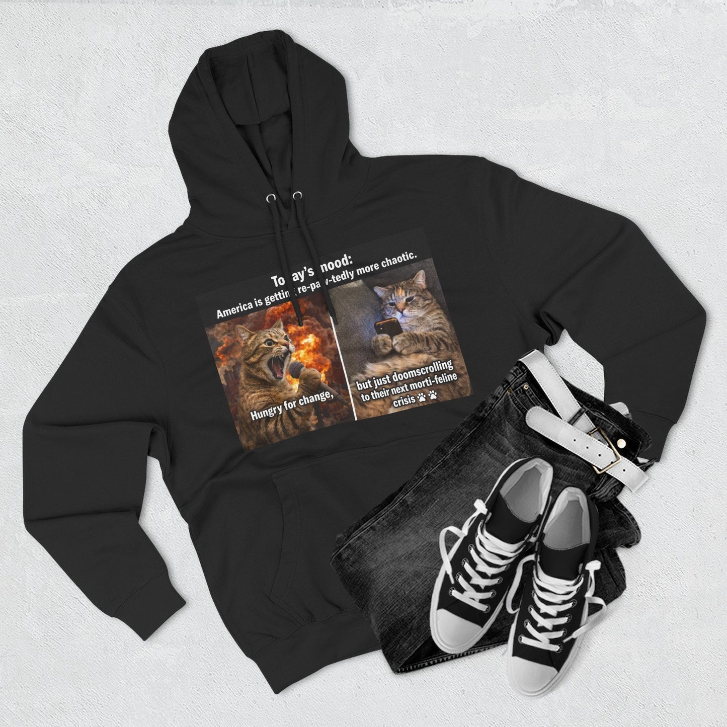 Three - Panel Cat Meme Hoodie — 'Today’s Mood' Feline Chaos Graphic Sweatshirt - FloofChonk