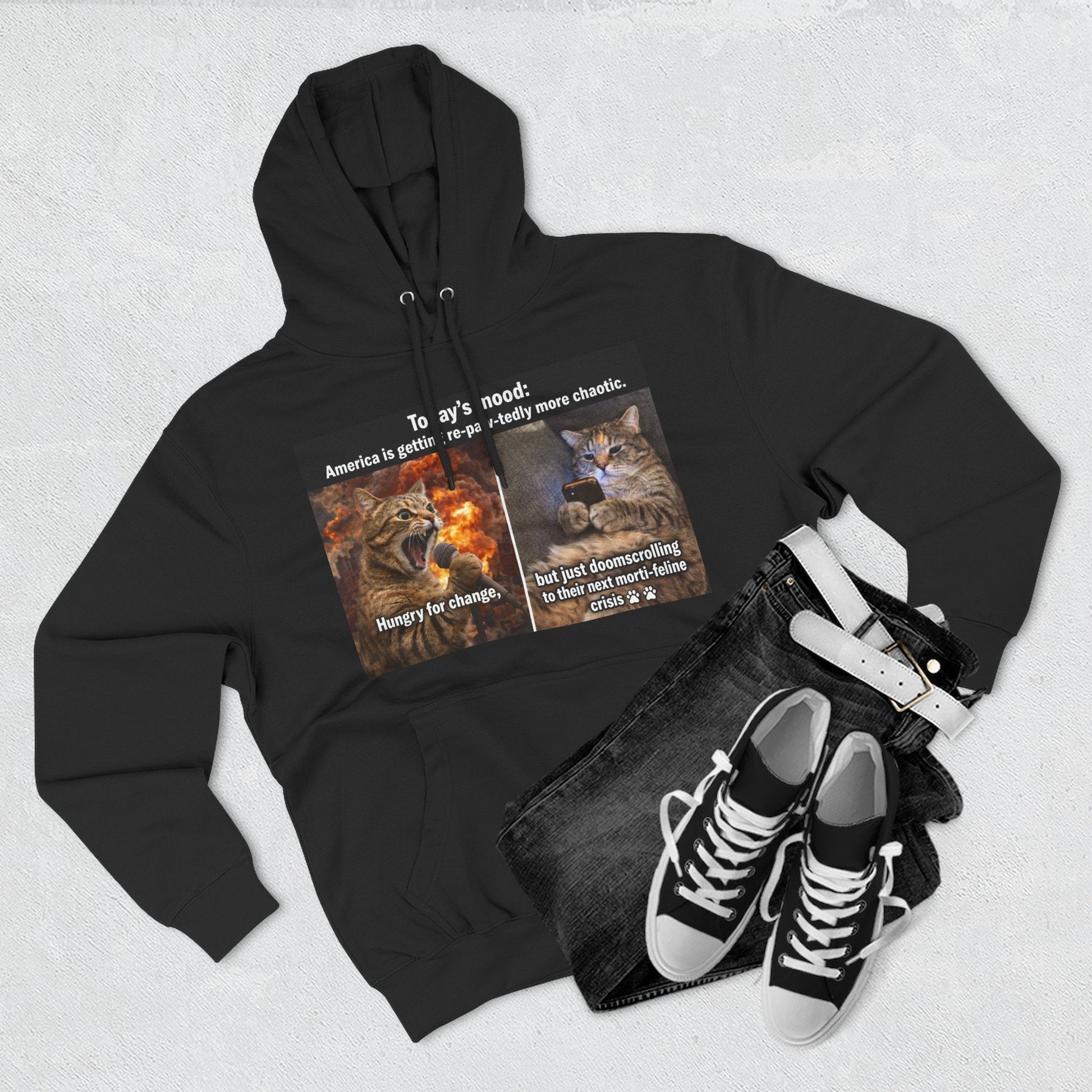 Three - Panel Cat Meme Hoodie — 'Today’s Mood' Feline Chaos Graphic Sweatshirt - FloofChonk